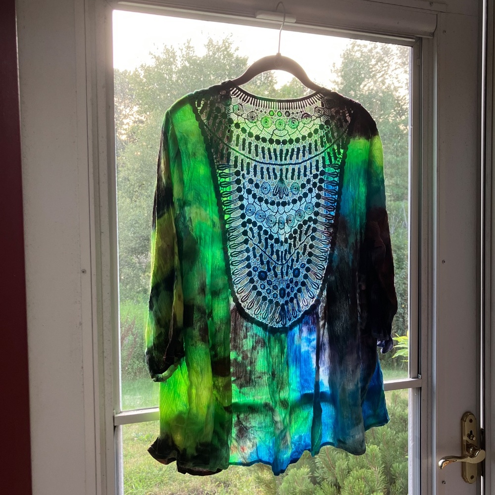 Torrid HAND DYED Tie Dye Size 00/M-L Rayon Open Front Kimono Wrap Lace Back OOAK - Picture 3 of 6